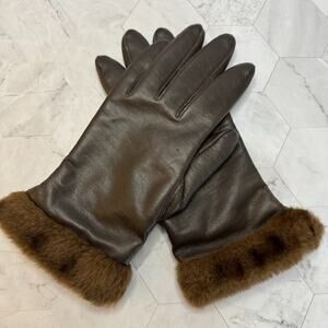 Vintage Fownes Brown Leather Womens Size 8 Lined Gloves Faux Fur Trim EUC
